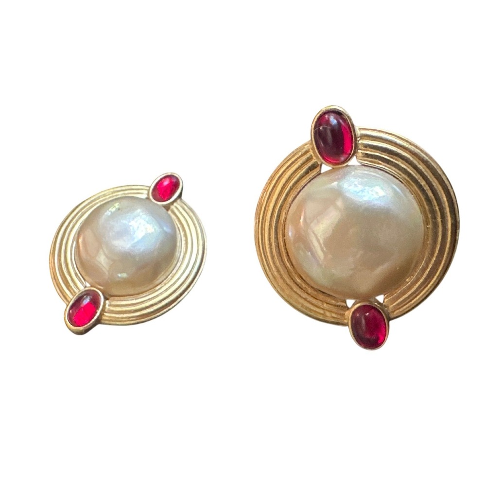 Vintage Carolee Faux Mabe Pearl Ruby Red Cabochon Gold Tone Post Stud Earrings
